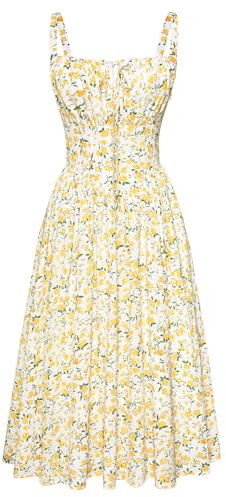 SCARLET DARKNESS Womens White Yellow Floral Sun Dress Victorian Flowy Spaghetti Dresses for Spring Summer Casual Dress Vintage Vacation Wedding S