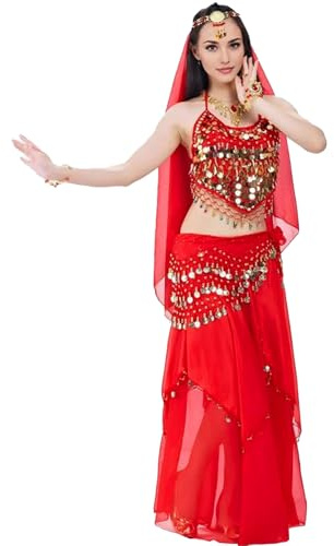 Baisdan Costume de danse orientale pour femme - Haut à paillettes - Jupe en mousseline de soie - Foulard - Ensemble de danse indienne - Carnaval -