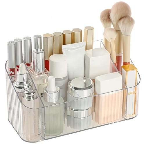 SLHEQING Organizador de Maquillaje, Porta Brochas Maquillaje con 7 Compartimentos, Almacenamiento de Cosméticos para Tocador, Organizador Baño para Pinceles, Pintalabios (Transparente 1 Unidad)