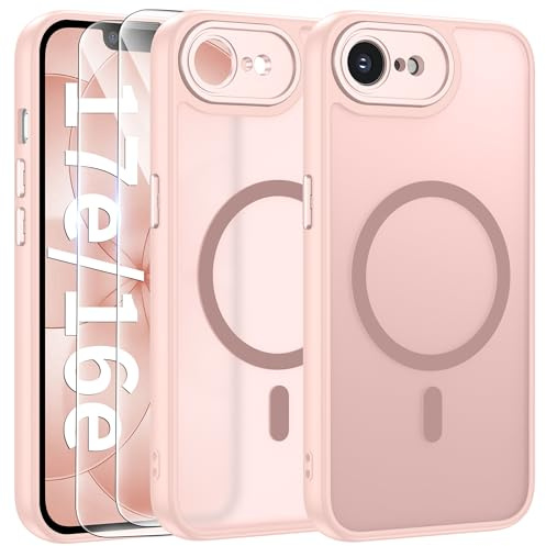 FLLAO Magnétique Coque iPhone 16e / 17e avec 2 Verre Trempé, Compatible avec MagSafe, Protection d'objectif Tout Compris, Etui Mat Arrière Housse Antichoc Case iPhone 16e / 17e 6.1, Rose
