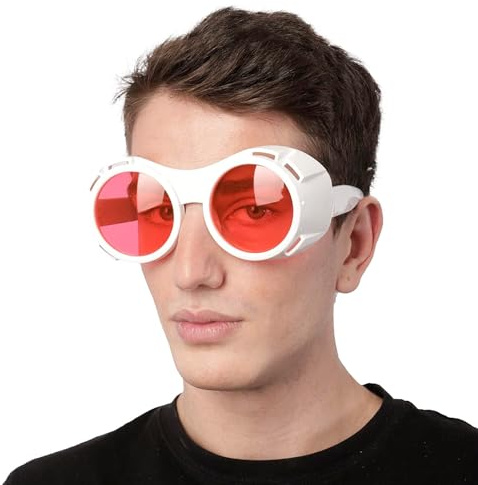 Wildarms vit ram wonka glasögon hypervision glasögon – röd lins steampunk för rave-fester, futuristisk cosplay och halloween
