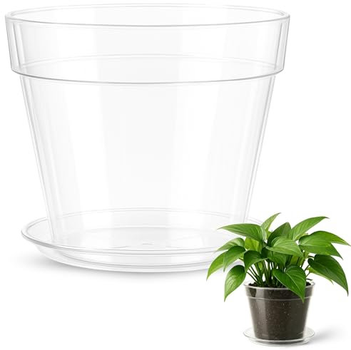 TECHZOCO Macetero con Plato, Maceta Redonda clásica de plástico con Plato, Tiesto para Plantas, Polipropileno, 16 cm Altura x 17 cm Diámetro Superior x 10.5 cm Diámetro Base, Transparente.