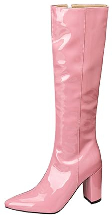 Lizoleor Botas Mujer Tacon Alto Ancho Puntiagudos Cremallera Boda Invierno Vestir Patent Solid Sweet Rosa Talla 44 EU/46CN