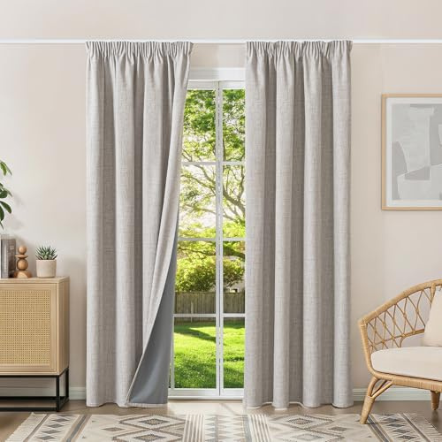 Runyéla 100 % mörkläggningsgardiner, termiska gardiner, köldskydd, gardiner med veckband, 230 x 120 cm (H x B), set om 2, linneutseende, gardiner, ogenomskinliga, gråvita, skjutgardiner, vardagsrum