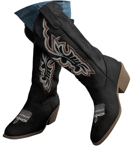 Xbemkste cowboy stövlar dam ankelstövlar med klack vintage broderi västerländska stövlar eleganta medelhöga stövlar damer halvstövlar bekväma slip-stövlar övergångsstövlar