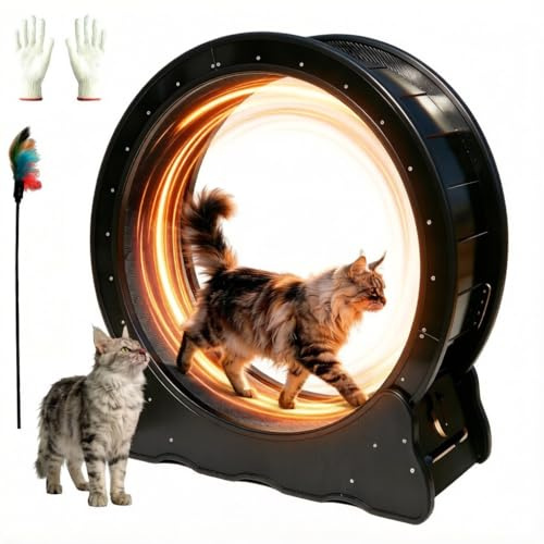 Cat Exercise Wheel - 35.4 Inch Wooden Low Noise Cat Treadmill for Indoor Cats, Detachable Carpet & Enhanced Base for Fitness, Weight Loss Size M Black