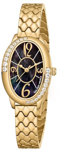 GOLDEN MAPLE Women's Oval Watch, Gold-Tone with Crystal Accents, Textured Bracelet Band, Mother of Pearl Dial Ladies Watches, Luxury Gift for Her (Black)