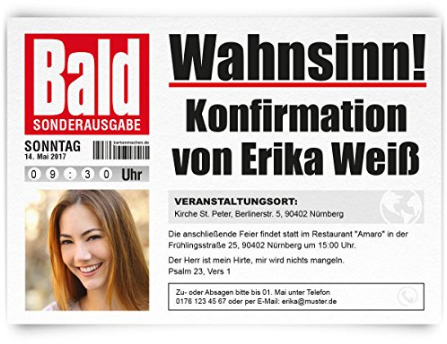 Kartenmachen.de Lustige Konfirmation Einladungskarten gestalten als Bald Zeitung ab 10 Stück Set Konfirmationskarten Einladung mit Ihrem Bild
