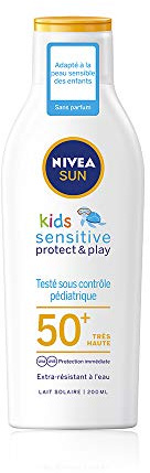 Nivea Sun Kids Protect & Play Sensitive Sun Milk SPF 50+ (1 x 200 ml), Fragrance Free & Extra Water Resistant Sun Protection with Aloe Vera Enriched Sun Screen