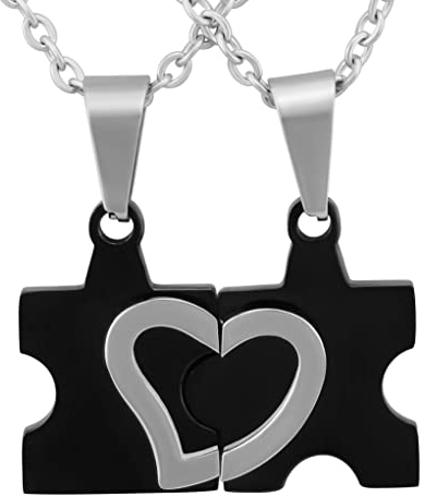Hanessa 2 Stück Personalisierte Kette mit Gravur Edelstahl 50 cm mit Anhänger Herz Puzzle in silber schwarz - Personalisierte Geschenke für Damen Herren Freundin Freund - Partner Halskette Sie Ihn