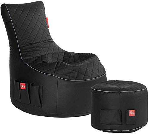 GAMEWAREZ Cosmic Hurricane 2.0 Bundle – Set aus Gaming-Hocker und Gaming-Sitzsack, mit Seitentasche & Headset-Halter, Kunstleder, Made in Germany, schwarz-grau