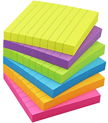 6 Pads Lined Sticky Notes 3x3 Sticky Notes with Lines Self-Stick Note Pads 6 Bright Multi Colors,100 Sheet/Pad