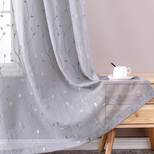 TOPICK Sheer Curtains with Eyelets - Embroidered Leaves Pattern, Transparent Gauze, Knitted, 2 Pieces for Living Room, Bedroom, Balcony, Door - 140 W x 225 H (cm), Grey