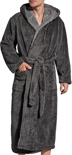 SlumberMee Mens Fleece Plush Robe with Hood Ultra Soft Fluffy Full Length Long with Pockets Luxurious House Coat (Dark Grey, L)