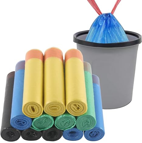 HVDHYY Müllbeutel 10L-15L Mullsack mit Zugband, 12 rollen/180 stück, Mülleimer Liner Geeignet für Büros, Wohnungen, Wohnzimmer, Schlafzimmer, Badezimmer Müllsäcke (Schwarz, Blau, Gelb, Grün)