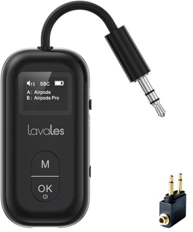 Lavales Bluetooth 5.3 Adapter für 2 Kopfhörer/Airpods, 2 in 1 Bluetooth Transmitter Empfänger aptX Adaptive Low Latency, 3,5mm AUX Klinke Audio Sender für Flugzeug/TV/Stereoanlage/Auto - Schwarz