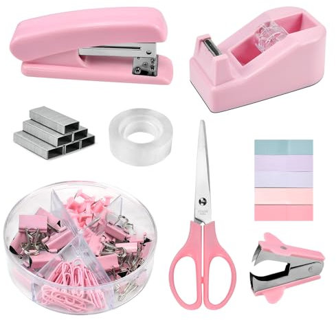 EUIEUT Büroartikel Set Schreibtischzubehör Rosa Büromaterial Office Supplies 8 Kit mit Heftgerät, 1000 Heftklammern, Heftklammerentferner, Haftnotizen, Klebebandabroller, Klebeband, Schere, Clips