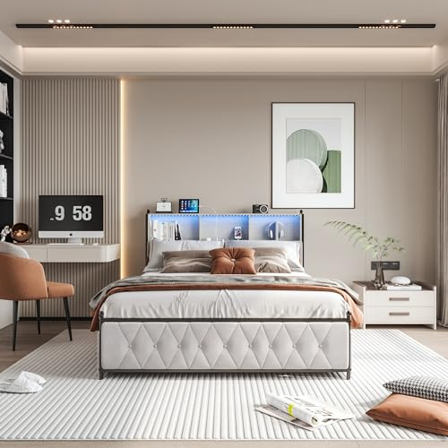 YYXLDYNB Dubbel vadderad säng, 140 x 200 cm, sammetssäng med 2 inbyggda USB-uttag, LED-säng med 4 förvaringslådor, sängbord med RGB-ljusremsa, lätt att montera, ingen madrass, beige