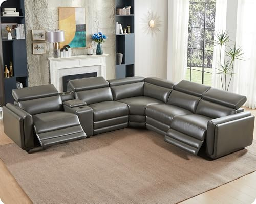 AMERLIFE Power Recliner Sofa, 129 Inch Oversized Reclining Sofa with Console & Speaker, 5 Seats L Shaped Sectional Couch for Living Room, Dark Grey Leather