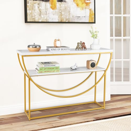 COSTWAY Mesa Consola de 2 Niveles con Tablero de Imitación de Mármol, Mesa Estrecha para Entrada, Recibidor Consola Extra Larga para Sofá con Estructura Metálica Resistente