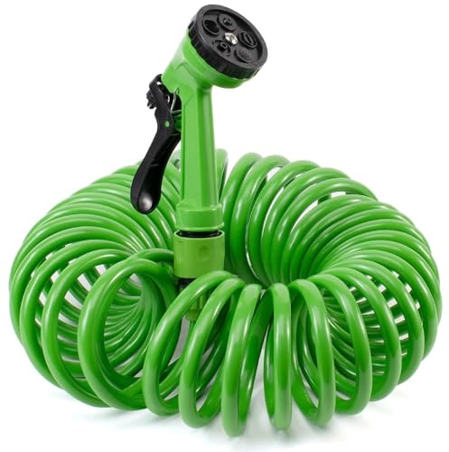 TECHZOCO Manguera en espiral de jardín, Manguera de agua extensible, Manguera de riego espiral, Fabricada en Polipropileno, 7 modalidades de riego, Inclye pistola, Verde, Extensible hasta 15 Metros