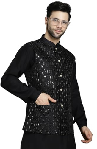 Maple Clothing Chikankari Nehru Jacket Men's Traditional India Modi Waistcoat Vest Guest Outfit (Black, S)