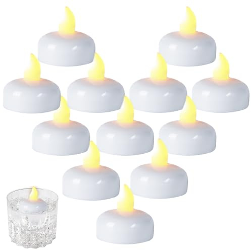 12 Pack Waterproof Flameless Floating Tealights, Warm White Battery Flickering LED Tea Lights, Floating Tea Lights, Wedding, Party, Centerpiece, Pool
