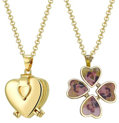 Collar con medallón en forma de corazón personalizado para guardar fotos, collar con colgante medallón expandible Colgante con cuatro hojas de trébol Amuletos Regalos conmemorativos para mujer
