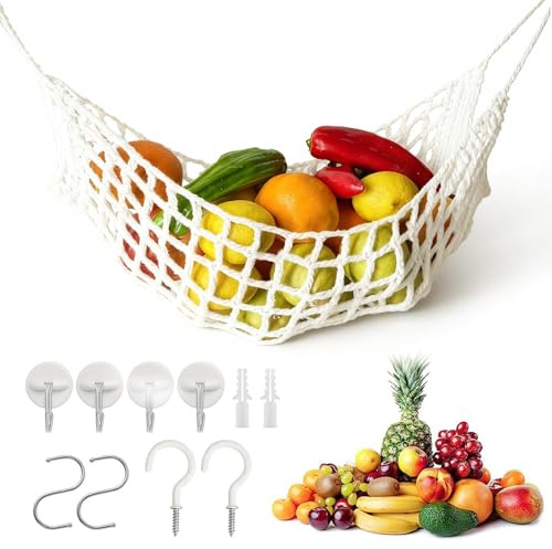 Macrame frukthammock, frukt- och grönsakshammock handvävd bomull Boho-stil fruktnät med 8 krokar, platsbesparande fruktkorg som hängs under skåp för kök, hem, husbil
