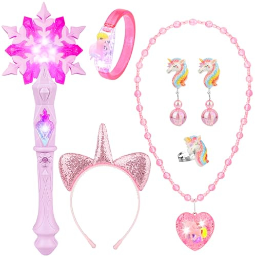 Bacchetta Magica Luminosa per Bambina Bacchetta di Fiocco di Neve con Effetti Sonori Kit Principessa Cerchietto Braccialetti Luminosi Collana con Ciondolo Luminoso Led Gioielli Unicorno per Bambina