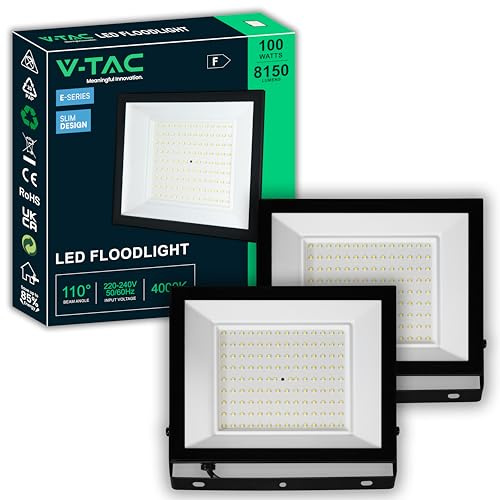 V-TAC 2x Fari LED da Esterno 100W - [ E-Series - Alte Perfomance, Bassi Consumi ] - Super Slim Design - 8150 Lumen - IP65 - Proiettore per Casa, Garage, Magazzino - Impermeabile - Luce Naturale 4000K