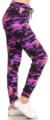 Leggings Depot Women's Popular Print High Waist Premium Jogger Track Pants(S-3X) BAT1, Purple Galaxy, Large