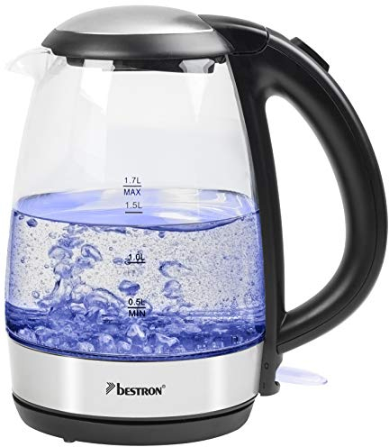 Bestron Bouilloire avec éclairage LED et arrêt automatique, 1,7 l, 2200 W, Verre/acier inoxydable