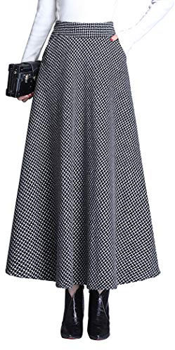 RIZ-ZOAWD Jupe Longue Femme Vintage Élégant Houndstooth Maxi Jupes Laine Hiver Chaud Mode Taille élastique A-Ligne Taille Haute Jupe plissée