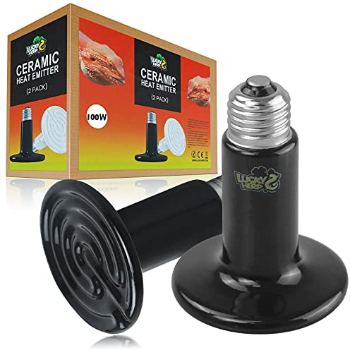 LUCKY HERP 100W Ceramic Heat Emitter, Reptile Heat Bulbs, Ceramic Heat Lamp for Reptiles, Amphibian, Chicken, Dog, Cat (2-Pack)