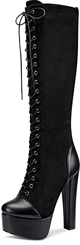 NobleOnly Femme Plateforme Mi-Mollet Bottes Fermeture Eclair Lacets Bloc Talon 15CM High Heels
