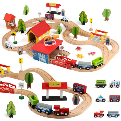 Wondertoys Wooden 69 Pcs Train Tracks Toys Railway Kits with Vehicles Building Construction Toy for kids Boys and Girls