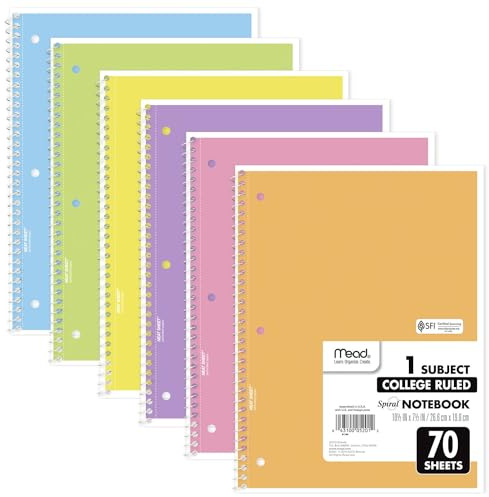 Mead Spiral Notebook, 6 Pack, 1 Subject, College Ruled Paper, 7-1/2 x 10-1/2, 70 Sheets per Notebook, Assorted Pastel Colors (830049)