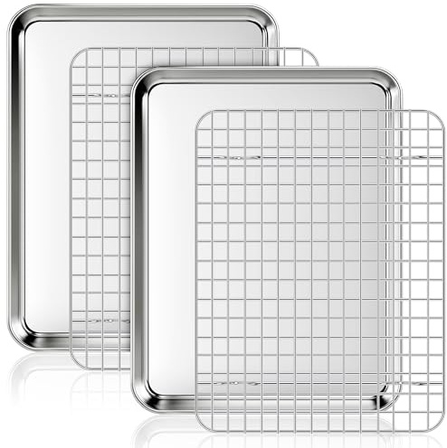 Fire More Baking Tray with Wire Rack, 2 Sets Non-Stick Baking Sheets with Grid Cooling Racks, Stainless Steel Cookie Pans for Oven Cooking, Size 31.5 x 24.5 x 2.5 CM