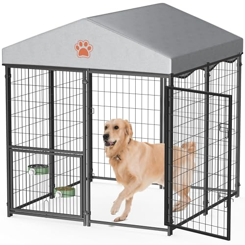 Mr IRONSTONE Outdoor Dog Kennel Heavy Duty Metal Dog Enclosure with Roof, Rotating Food & Water Feeder, Waterproof Covered Large Dog Run for Backyard, Secure Lock Design (4'L x 4'W x 4.4'H)