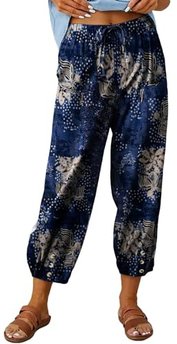 ABYOVRT Pantalon 7/8 Femme Été Imprimé Bohème Lin Ample Longueur Pants Cordon pour Décontracté à Jambes Léger en avec Poches Pantalon De Plage,Bleu Marine,XL