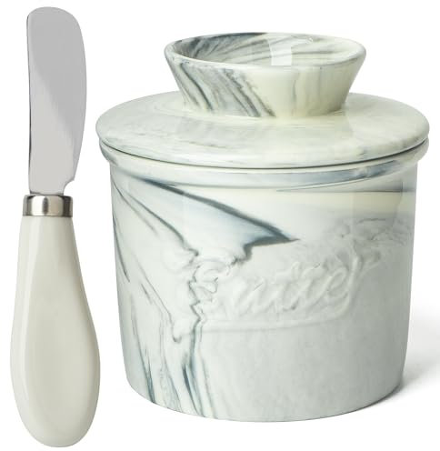 Dormercy Beurrier pour comptoir, beurrier français avec couteau, beurrier en céramique pour tartiner, beurrier avec couvercle, motif pierre