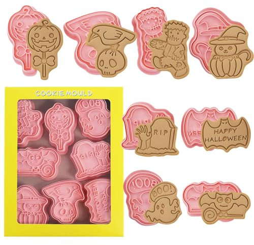 Formine per Biscotti Halloween, 8 Pezzi Set Timbro Biscotti 3D, Stampi Plastica, Strega, Picchio, Zucca, Fantasma, Teschio per Feste