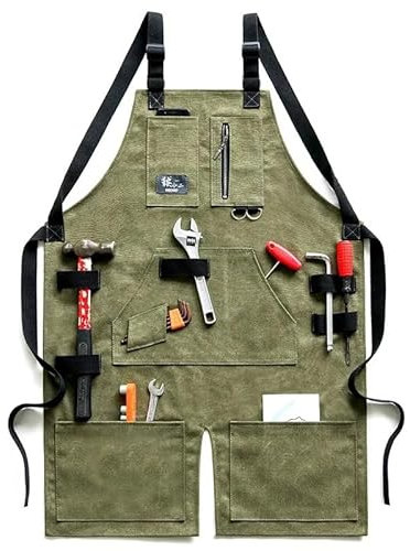 Arbeitsschürze Holzarbeitsschürzen for Männer und Frauen, 16 Unzen, robuste Arbeitsschürze aus Segeltuch mit Taschen, überkreuzte Träger auf der Rückseite, verstellbare Werkzeugschürze bis zu XXL(Gree