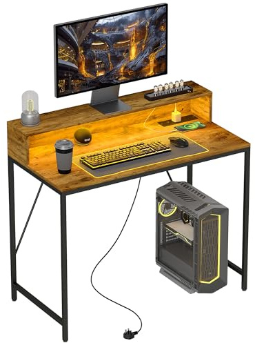 HOMCOM 100cm Computer Desk with LED Lights and Power Outlets, Gaming Desk with Monitor Stand, Computer Table with Remote for Home Office Study, Rustic Brown