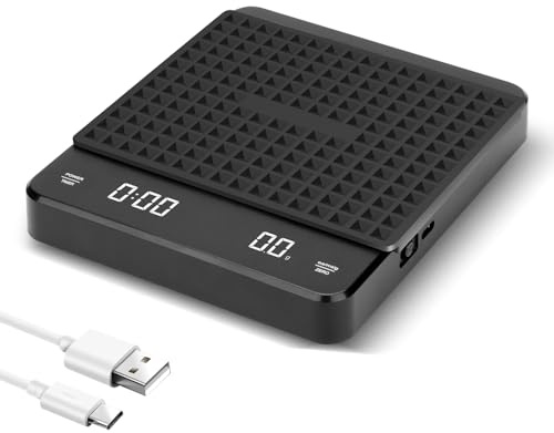 Bascula de Cocina con Temporizador 3 kg/0,1 g, Bascula Cafe Barista con Pantalla LED y Función de Tara (g/oz/ml), Bascula Cocina Digital Apagado Automático para Cocina/Horneado/Cocción
