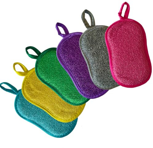 Rluobo 6Pcs Éponges Lavables Reutilisables, Tampons Grattants Non rayants Double Face, éponge Vaisselle Lavable avec Conception de Cordon, Éponges Microfibres Lavable Multiusage (6 Couleurs)