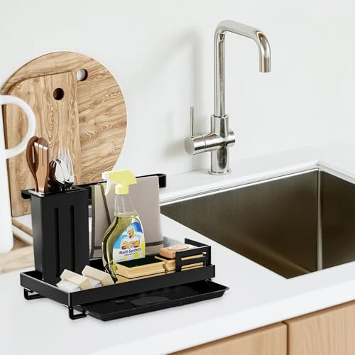 Lunaanda Organizador Fregadero,con Cepillo De Esponja,Soporte Estropajo Fregadero, con Bandeja De Desagüe Extraíble, Cocina Organizador, Estante De Almacenamiento Multifuncional, para Cocina Y Baño