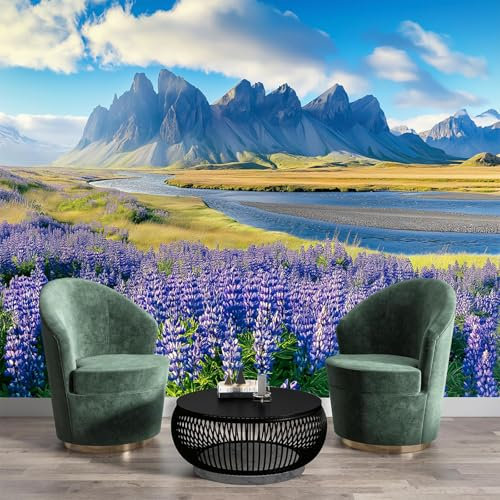 JSCWDET Papel Tapiz Para Sala Estar,Vertical Seda 3D,Paisaje natural,Patrón montañas flores violetas 3D,Impermeable,Resistente A La Humedad 150 × 105 cm（anchura × altura