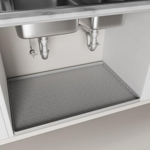 Tapis épais sous évier, plateau en silicone imperméable, protection renforcée pour armoires de salle de bain et de cuisine, gris (71 x 56 x 2 cm)